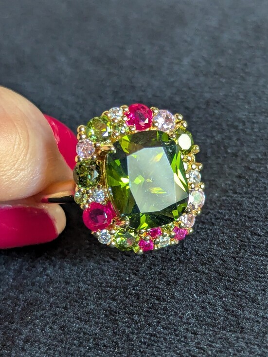 Jewelry - Vintage Style Gold-tone Ring with Green Center and Pink Accent Stones 1920s Sz 8